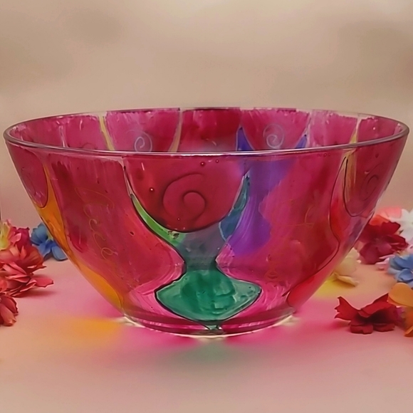 Arcoroc France 1998 hand-painted, signed pink magenta bowl - Picture 3 of 16